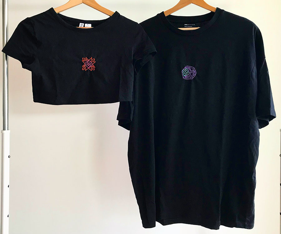 Hand stiched Tee-shirt by Akira. The designs represent the sun (left) and the moon (right)