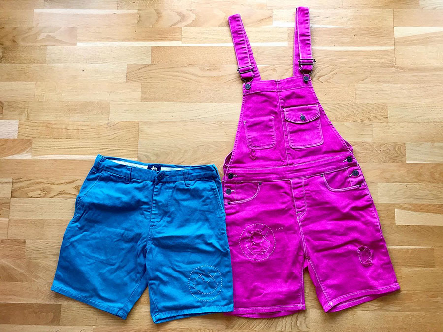 Dyed and hand stiched shorts and overall. Inspired by the Carole and Tuesday anime on Netflix, directed by Shinichirō Watanabe and produces by studio Bones.