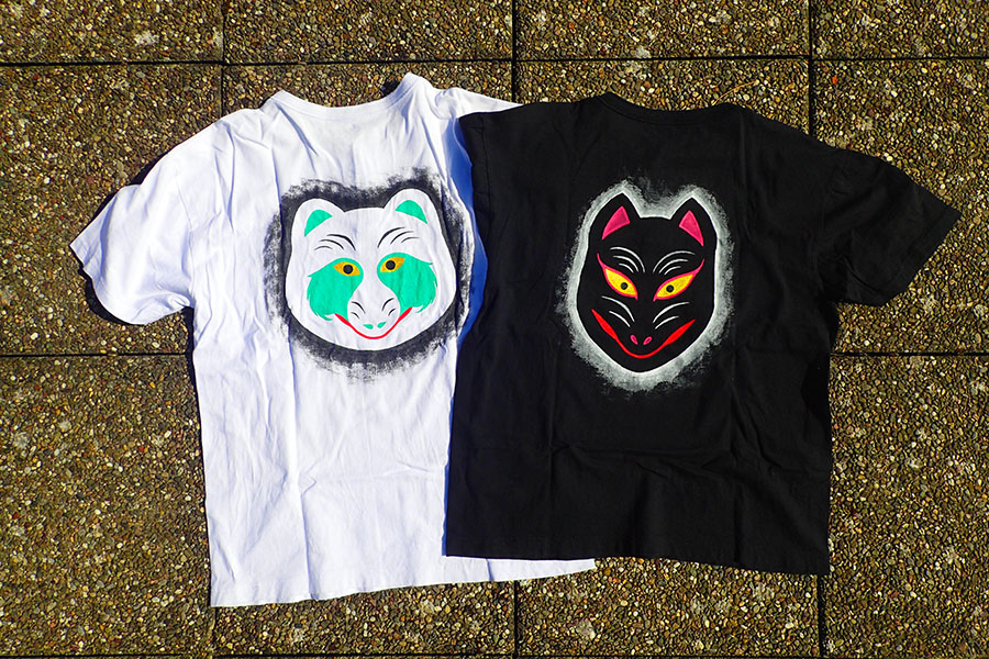 tee-shirts (Tshirts) with a kitsune and tanuki japanese mask handpainted on them.